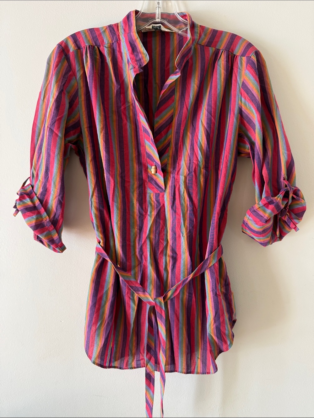 Vintage Striped Multicolor Button-Front Tunic with Tie Belt
